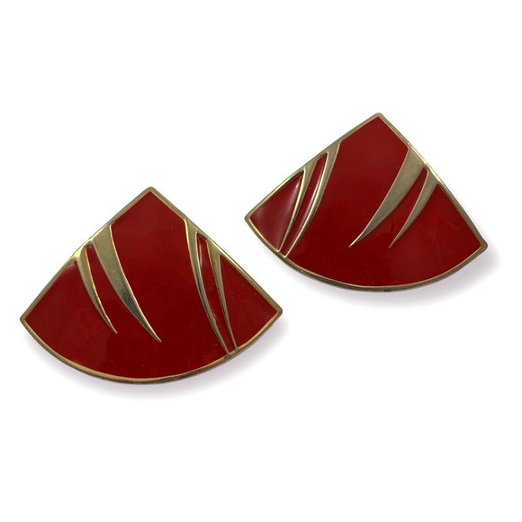 Vintage large red and gold enamel triangle earrings - Picture 9 of 11